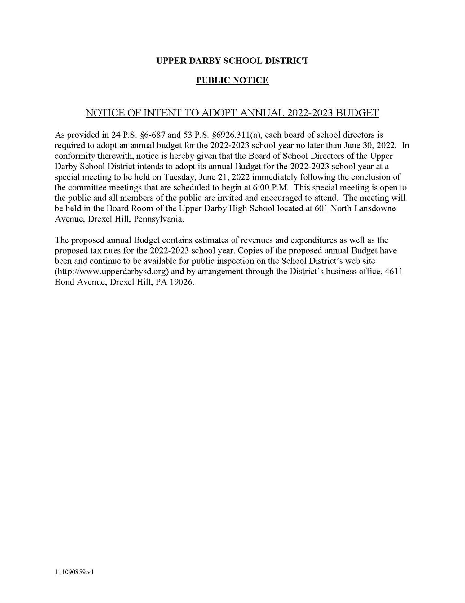  UDSD - Notice of Intent to to Adopt Annual Budget 2022-2023